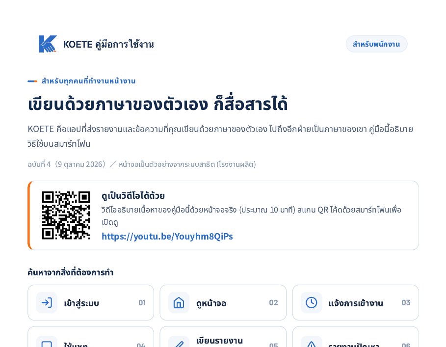 タイ語のPDFマニュアルの表紙に、タイ語版動画のQRコードが入っている