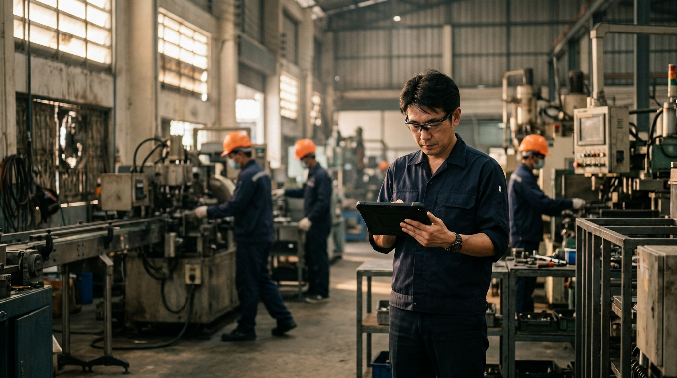 タイの工場で、日本人管理者がタブレットを見ながら現場に立っている様子